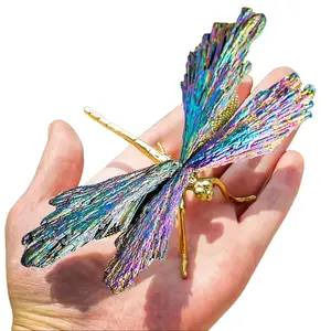 Dragonfly Statue Natural Electroplated Tourmaline Dragonfly Decor Collection Natural Home Decor Healing Crystals Dragonfly Gift for Women 4.33" (Colorful-Gold, Large Size)