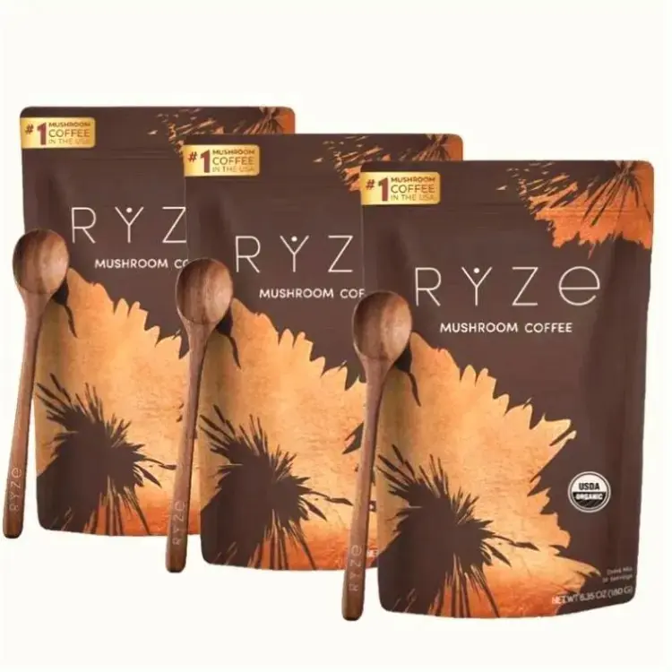 (3 Bag) RYZE SUPERFOODS Mushroom Medium Roast Coffee USDA Organic with 6 Adaptogenic Mushrooms, USA Grown Instant Coffee for Better Energy, Focus Digestion Immunity with Lions Mane & Turkey Tail