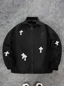 Men's Plus Size Black Gothic Graphic Cross Patch Zip-Up Jacket - Y2K Streetwear Harrington Coat