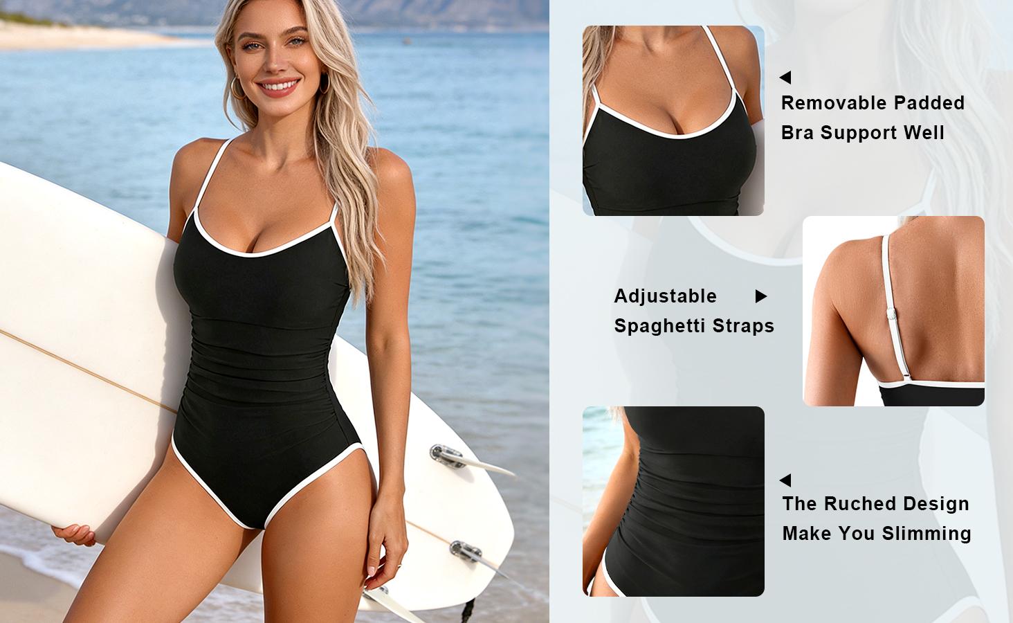 B2LOVER Women's One Piece Swimsuit Tummy Control Slimming Bathing Suit Color Block Spaghetti Strap 1 Piece Swim Suit Swimwear