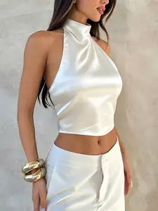 Women's Satin Halter Neck White Top, Elegant Sleeveless Blouse for Party Club Cocktail