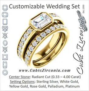 CZ Wedding Set, featuring The Racquel engagement ring (Customizable Cathedral-Bezel Radiant Cut Design with Stackable Round-Accented Band)