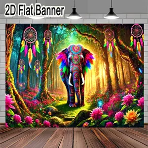 2D flat banner, 1pcEnchanted Forest Elephant Wall Art with Colorful Patterns and Dreamcatchers, Vibrant Bohemian Decor Featuring Intricate Floral Designs and Mystical Atmosphere for Home and Office Decoration