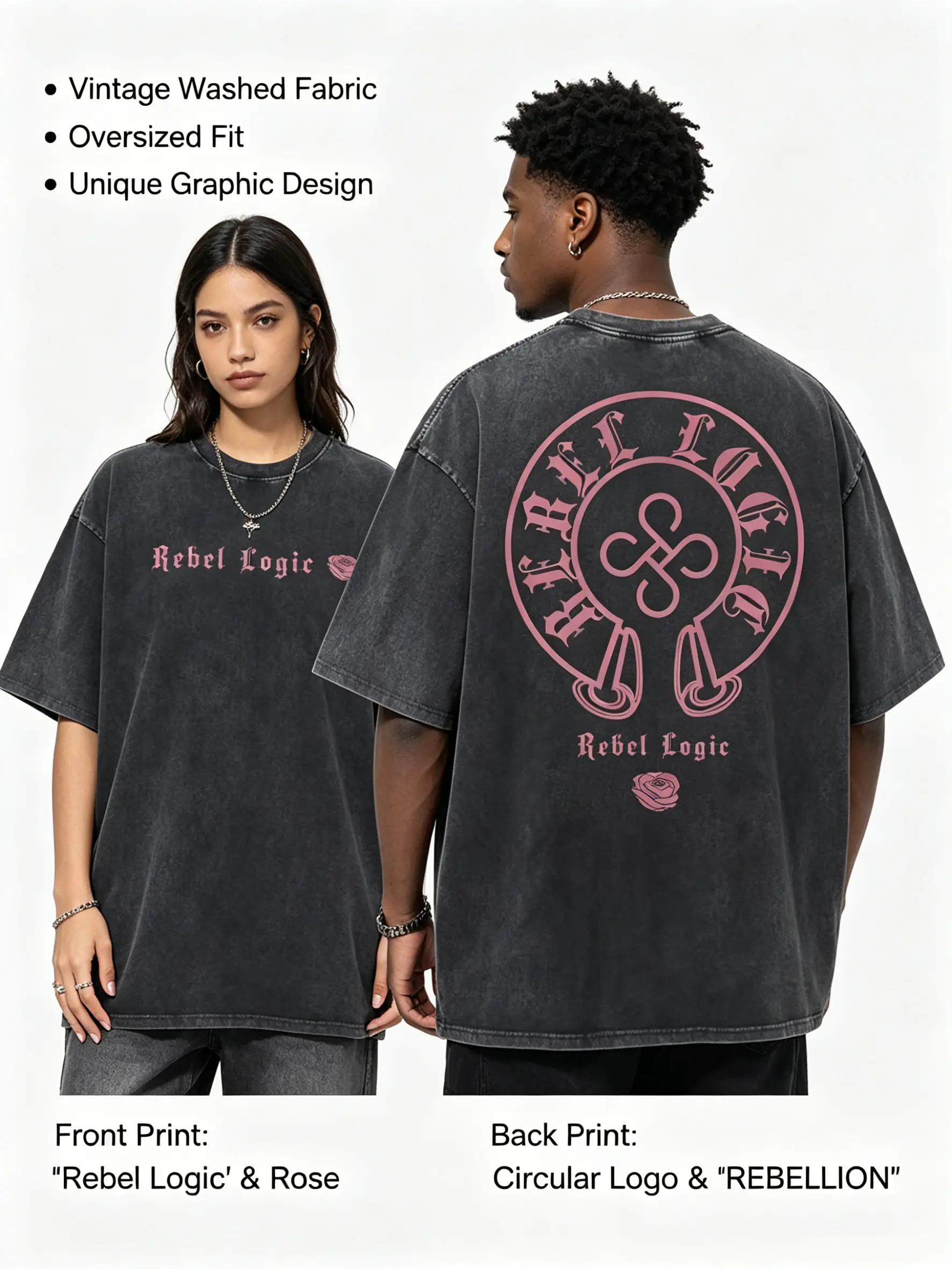 Vintage Acid-Wash Distressed T-Shirt – Gothic Rose & Ring Symbol Print, Street-Style Loose Crew-Neck Tee – Trendy Graphic Short-Sleeve Top – Campus Style – Ideal Gift