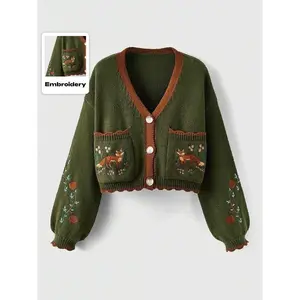 Women's V Neck Button Front Fox Embroidery Pocket Loose Knit Cardigan, Casual Short Sweater for Fall & Winter, Ladies Fashion Outerwear Knitwear