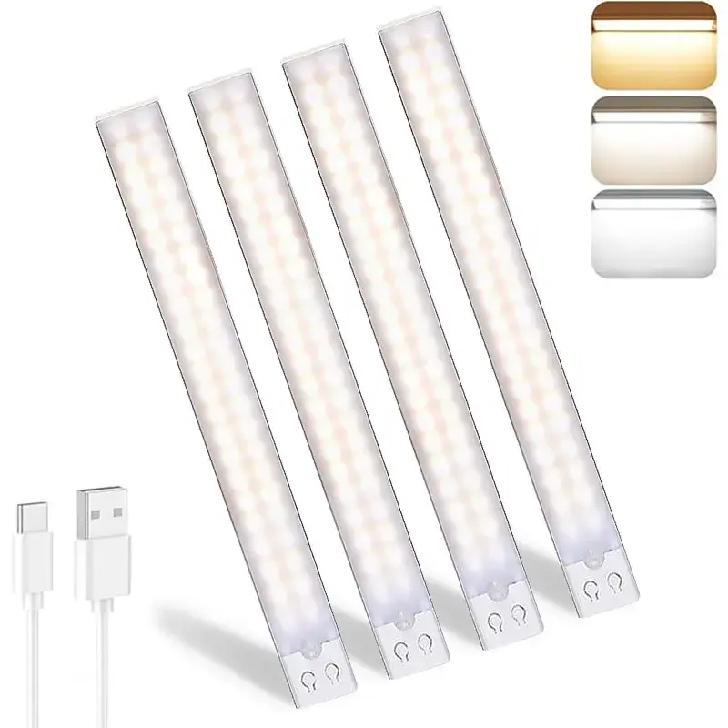 "16" Under Cabinet Lighting - 1/2/4 Pack USB Rechargeable LED Closet Lights with Motion Sensor & Dimming, Stick-On Lights for Bedroom, Kitchen, Stair (16-Inch)，Father's Day Gift, Soft Glow, Adjustable Brightness, Bright Task Light