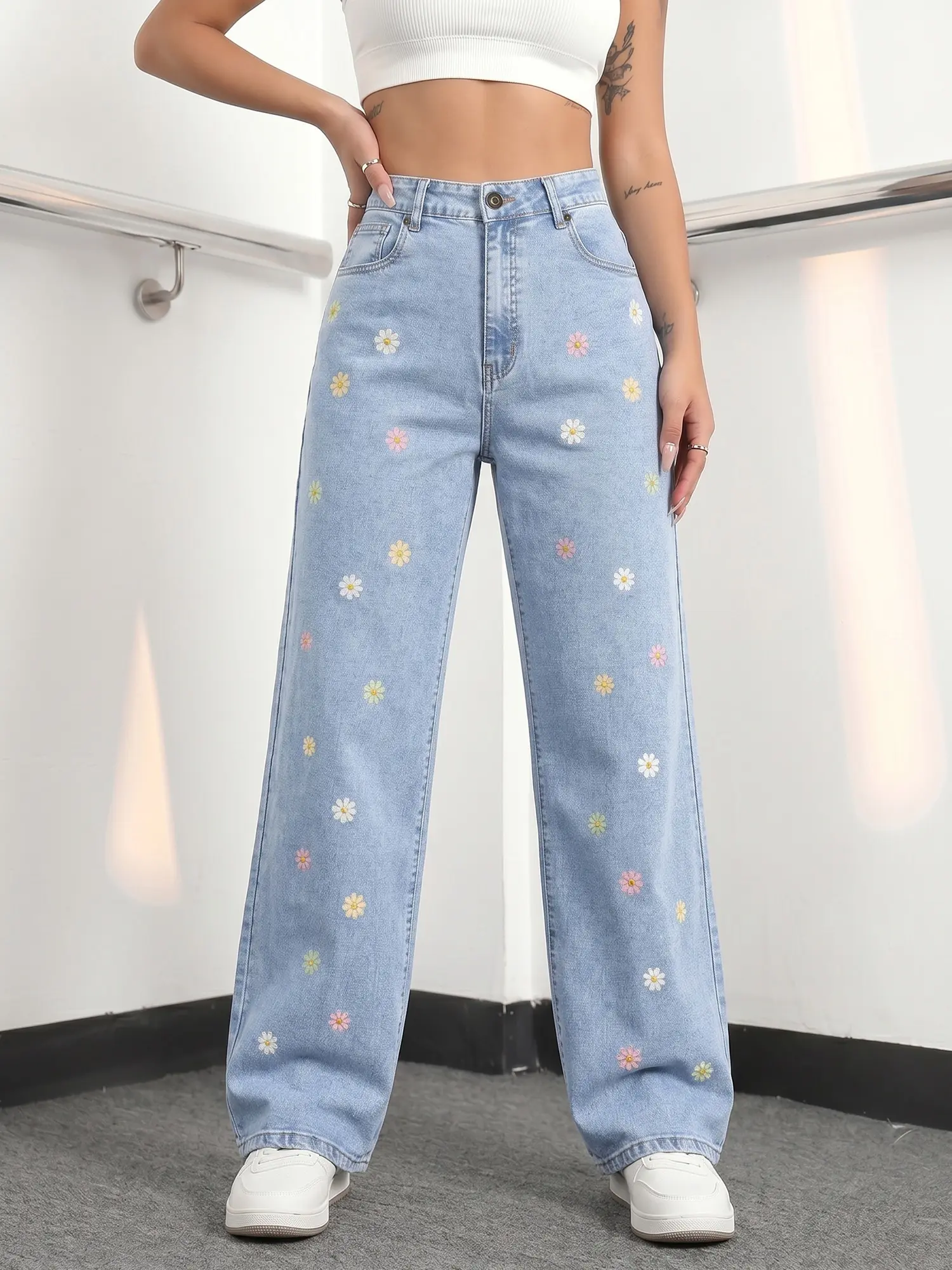 JR JEANIUS WEAR Women's Daisy Floral Print Jeans, Oversized High Waist Wide Leg Pants in Stretchy Denim for Everyday Streetwear, Bottoms, Graphics, Breathable, Button, Trouser, Fashion, Fit, Loose