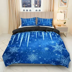 3PCS Duvet Cover Set, 1 Duvet+2 Pillowcases(Without filler), Snowflake Icicle Winter Blue Frozen Holiday theme, Christmas bedding set, Cool Blue Winter Night Suitable for decoration Bedroom Guest Room Vacation Home Hotel