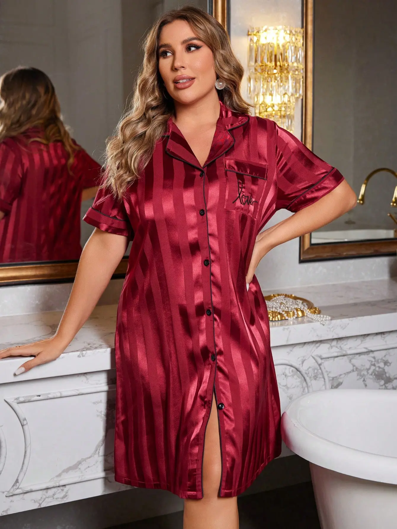 Luxe Nights  Silk Jacquard Collar Pocket Embroidered Plus Size Nightgown