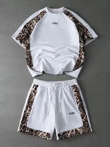Unisex White Leopard Print Panel Raglan Sleeve Tracksuit, Oversized Fit, American High Street Y2K Retro Style, Summer Casual Versatile Two-Piece Set with Side Leopard Panel & Small Logo Graphic, Trending Ins Streetwear