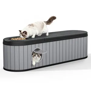 Cat Litter Box Enclosure for 2 Cats, Hidden Resin Litter Furniture with Lift-Up Door, Dual-Zone Design, Easy to Assemble