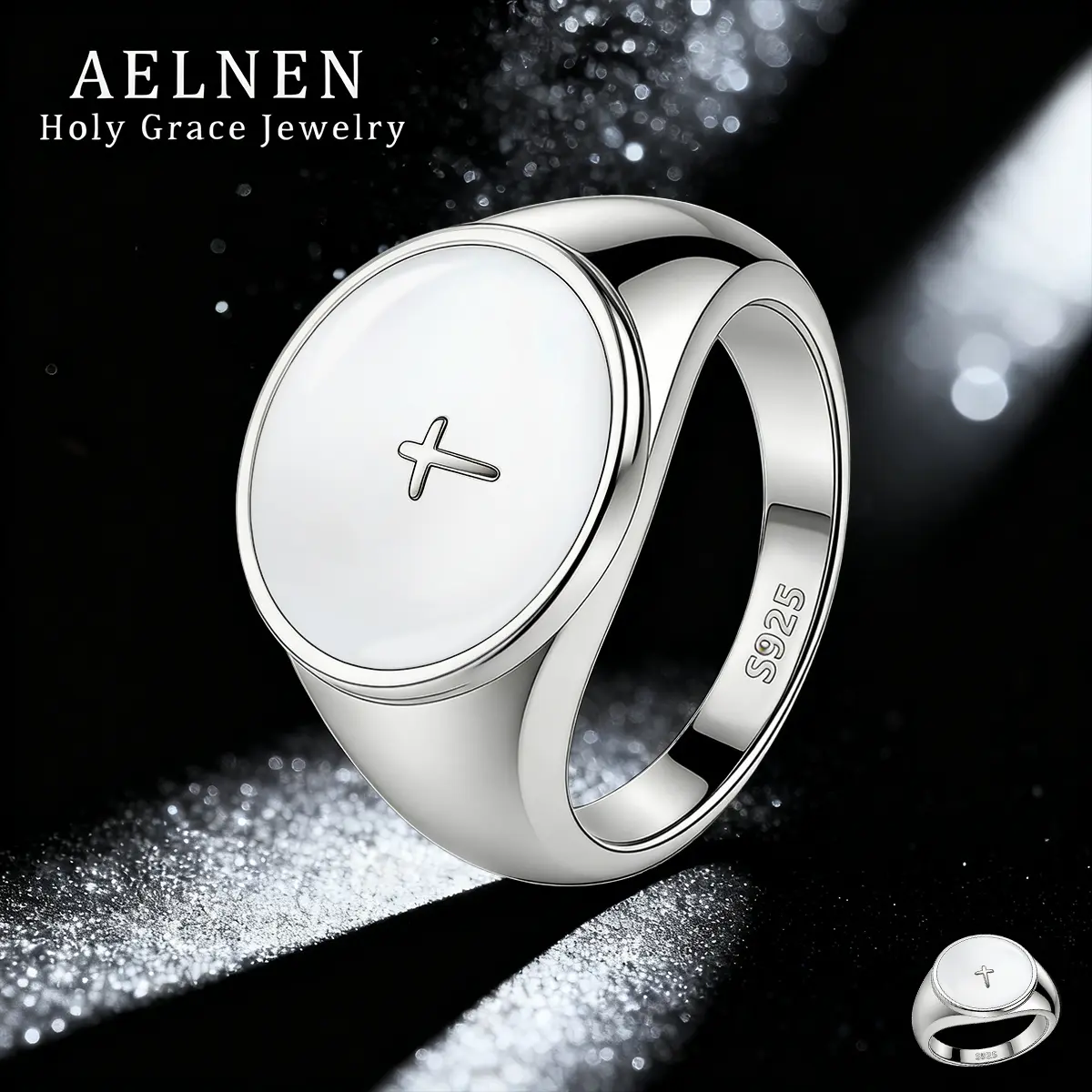 AELNEN Jewelry Devotional Prayer Seal Ring - Gradient Epoxy Cross Medallion Design simple luxury design permanent jewelry