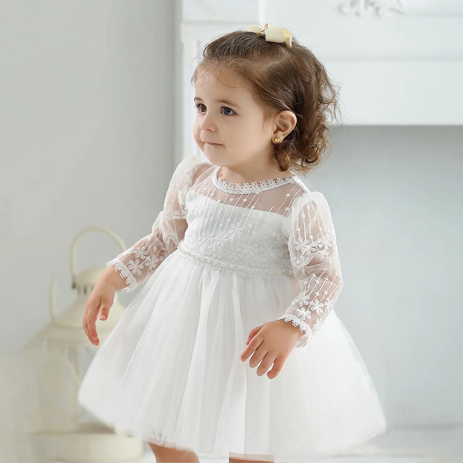 Toddler Girls 1st Birthday Baptism White Dresses Long Sleeve Lace Cute Baby Girls Dress Elegant Party Eveming Formal Gown
