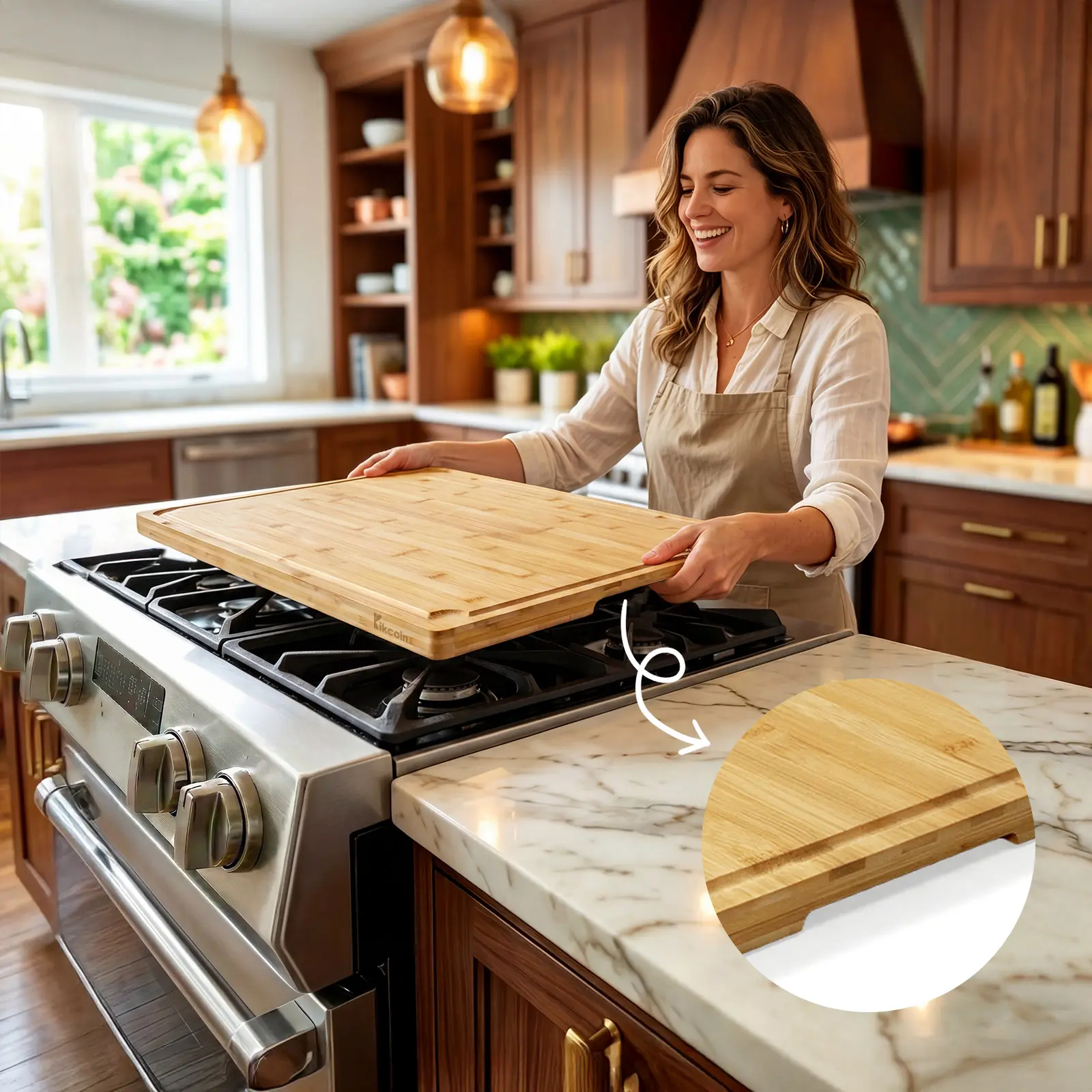 Kikcoin4XL/5XL Stovetop Cover,Extra Large CuttingBoard Pro,Charcuterie Board,Chopping Block,kneading board,Expand Corner Space,Oven Cover Protector,BambooGame changer,Handle,Juice Groove,turkey,Kitchen,Knives Friendly dinner,party,Hosting Essential