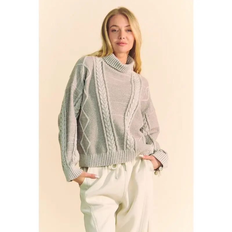 Davi & Dani Cable-Knit Turtleneck Dropped Shoulder Sweater