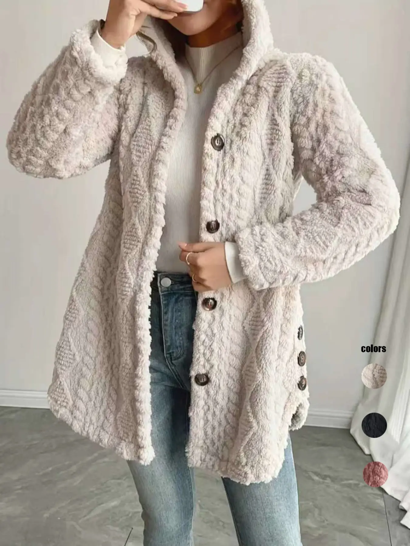 Women's Fall Winter Warm Fashion Hooded Woven Button Cardigan Long Sleeve Fitted Outerwear Tops, Casual Plain Design, Suitable for Daily, Campus, Leisure Gatherings, Womenswear