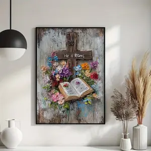 He Is Risen Rustic Cross Wall Art Poster, Christian Easter Decor with Open Bible & Floral Texture, Faith Inspirational Vintage Painting for Living Room or Prayer Corner