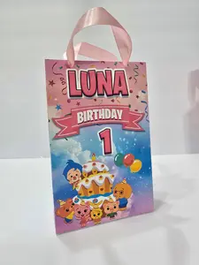 12 pcs Personalized Birthday Gift Bags with Name and Age – Bags with Ribbon Handles- 8.5"x5.5 (Plim plim)