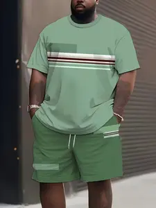 Men's Summer Striped Casual Outfit, Short Sleeve Round Neck Top & Drawstring Pants, Loose Fit Streetwear for All Seasons