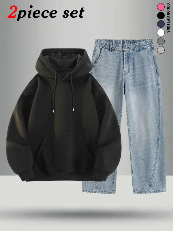 Men’s hoodie sweatshirt and jeans set, multi-pack for autumn/winter; casual and versatile, basic minimalist design that looks good every day and is comfortable to wear.