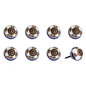 HomeRoots 544413 Blue & White Ceramic & Metal Drawer Pull Knobs - Set of 8
