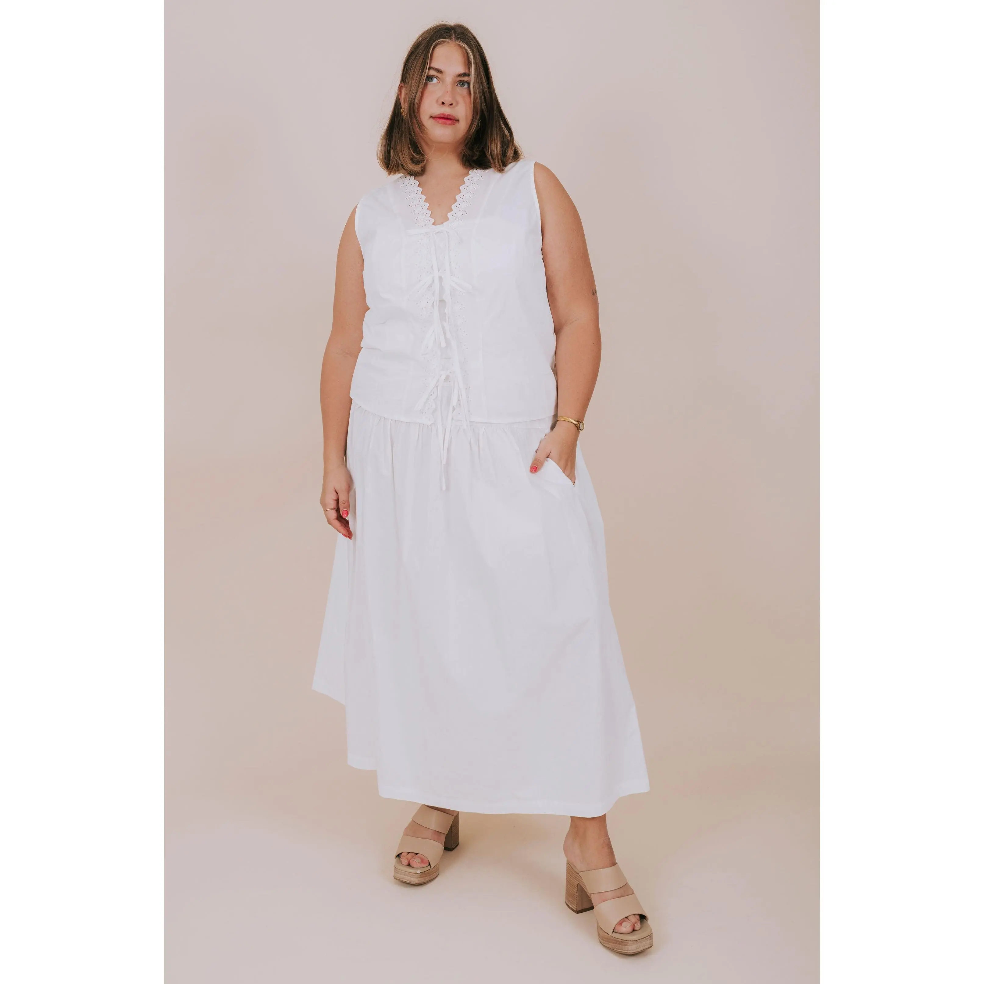 PLUS - Lighthearted Dream Set - Sleeveless V-Neck Top & Maxi Skirt - Lightweight Cotton - Eyelet Detailing & Pockets - Summer Fashion - Fabric, Casual