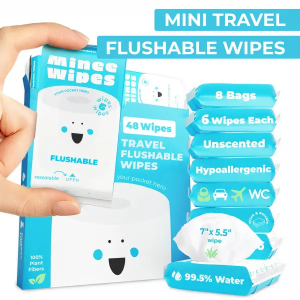 Mini Travel Flushable Wipes (Credit Card Size) - Pocket Butt Wipes for Adults & Kids, Unscented Travel Essentials by Minee Wipes