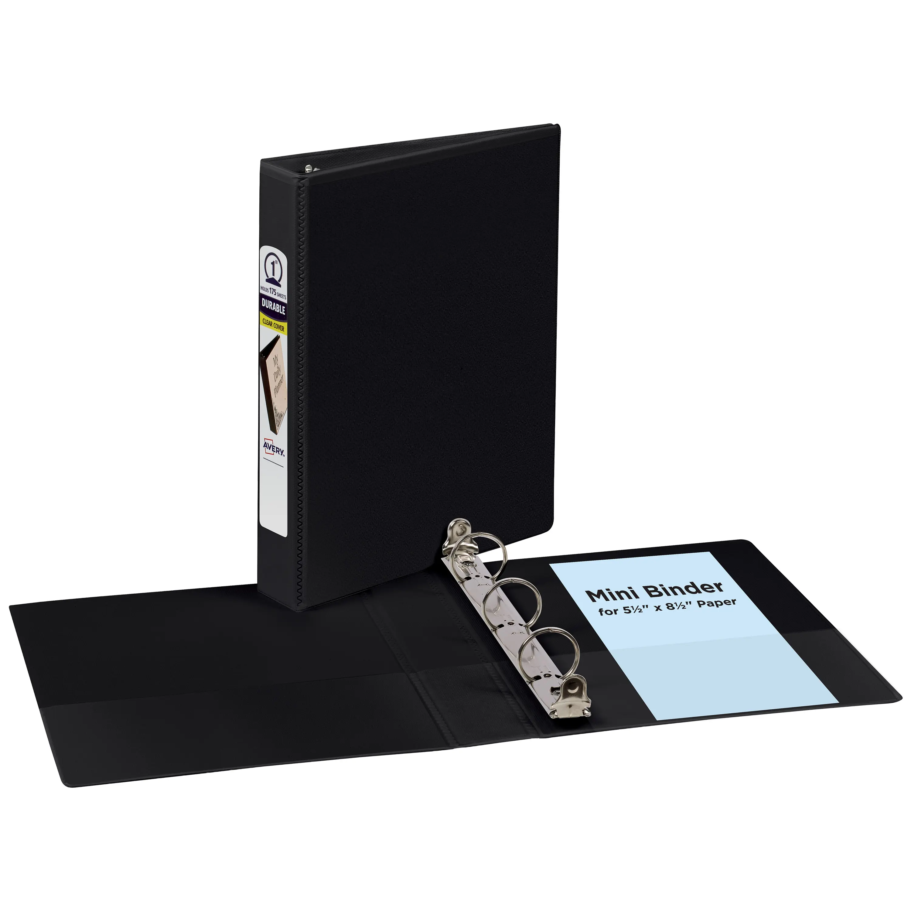 Avery® Mini Durable View 3 Ring Binder, Holds 5.5" x 8.5" Paper, 1" Round Rings, 175-Sheet Capacity, 1.4 Inch Wide Spine, 1 Black Binder, Great for Home, School Supplies, Office, and More (17167)