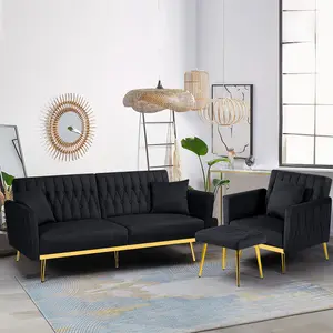 ACMEASE 2 Pieces Velvet Sofa Set with Adjustable Armrest and Backrest, 70” Convertible Futon Sofa Bed & Mordern Accent Chair with Ottoman for Living Room, Bedroom