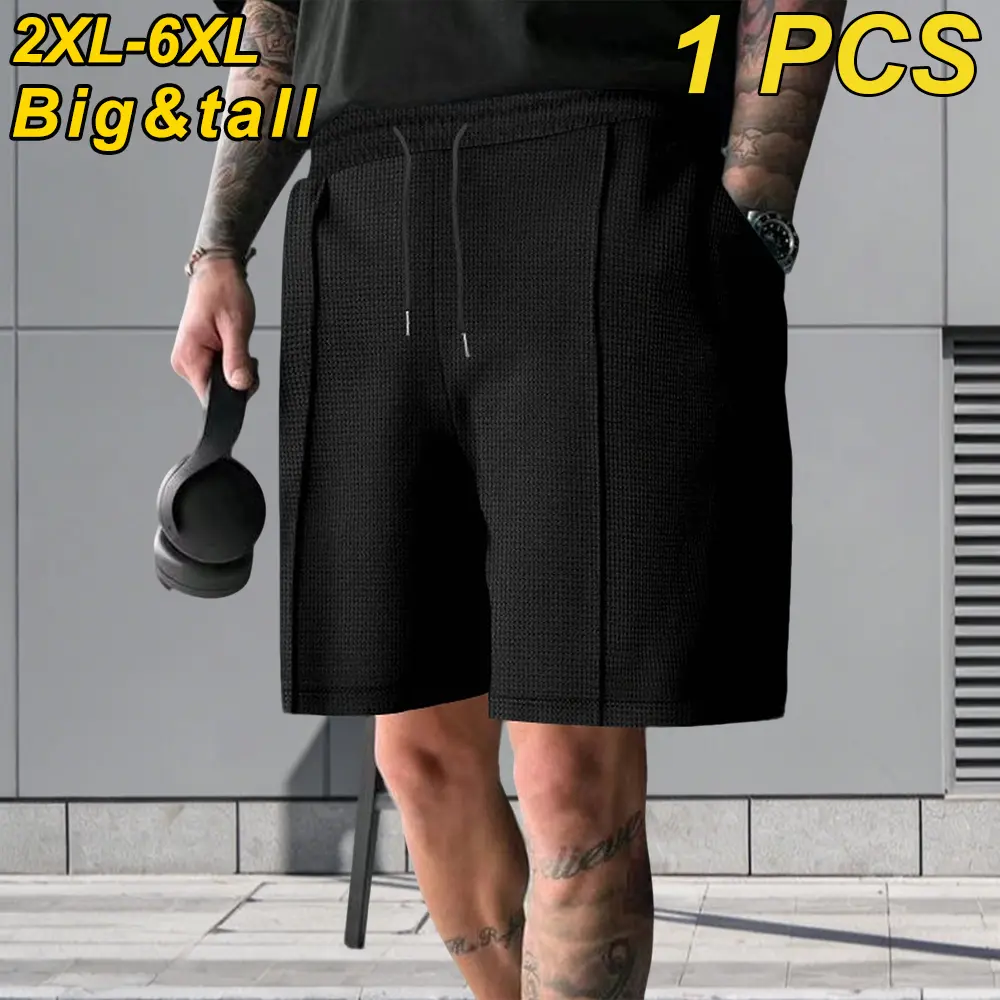 Men’s Plus Size 2XL–6XL Loose Casual Black Shorts — Straight-Leg Shorts with Drawstring Elastic Waist, Adjustable Elastic at the Waist; Suitable for Daily Wear, Leisure, Sports & Fitness