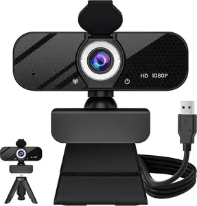 1080P  Webcam with Built-in Microphone, Rotatable Tripod, Wide-Angle Lens, Cover, Auto Light Correction, Plug & Play USB-A Webcam for Laptop, Desktop, PC, Streaming-Black