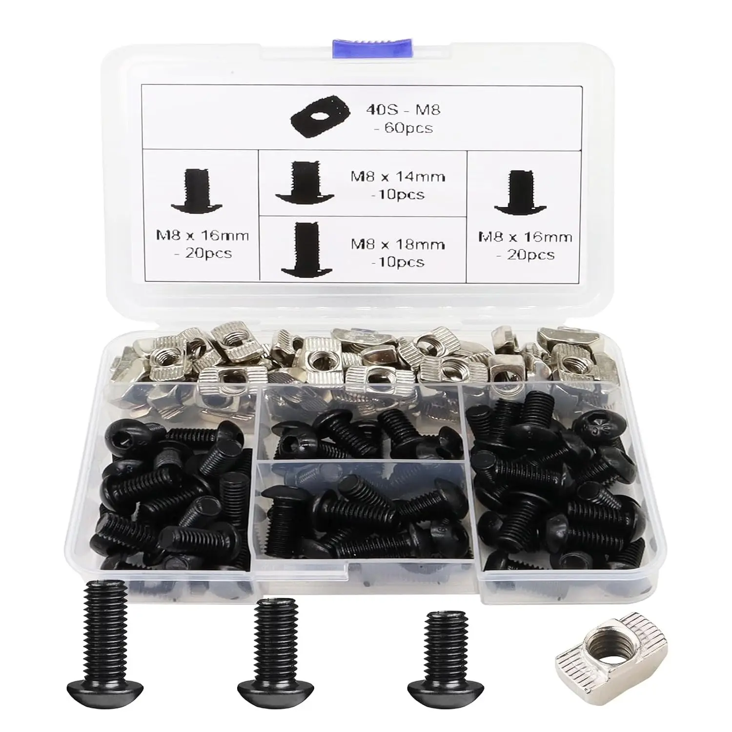 120Pcs 4040 Aluminum Extrusion Hardware Black Kit - M8 T Slot Nuts & Bolts 10Pcs M8x14, 40 M8x16, 10 M8x18, 60Pcs 40 Series M8 Drop-in T Nuts, Compatible with 4040 4080 Extrusion Accessories