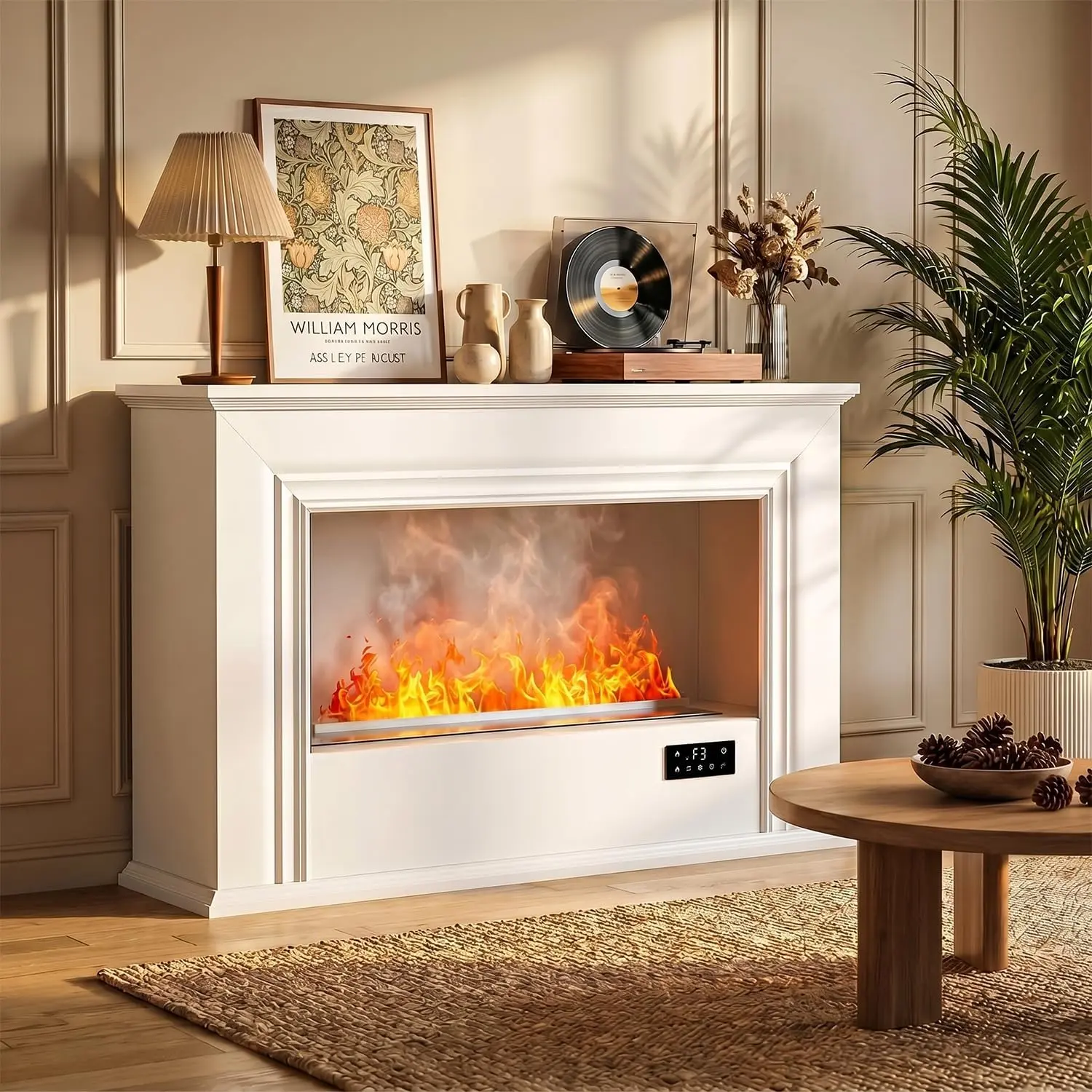 PUKAMI 40 Inch Water Vapor Fireplace with 3D Realistic Mist Flame, Electric Fireplace with Mantel Water Control and Remote Control, Self-Cleaning, Fireplace Humidifier for Home Decor
