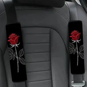 1/2 set of red rose white-stem car seat belt covers, with elegant style, universal design, and soft and fashionable car interior accessories.