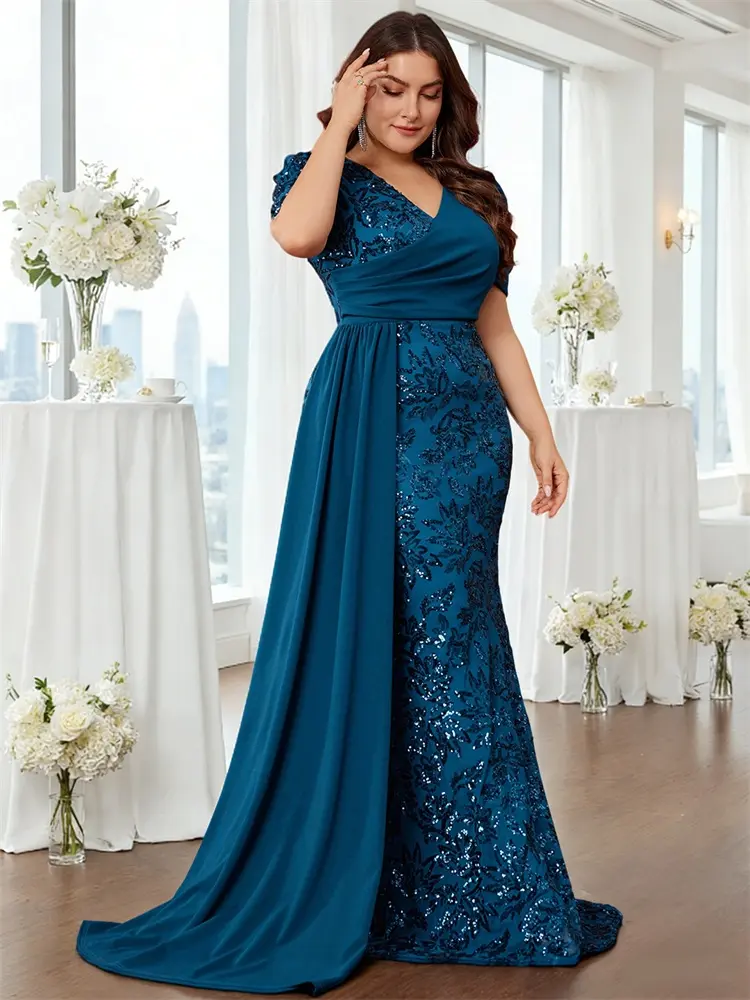 Various Colors Plus Size Elegant Short Sleeve Sequins Dress Slim Fit V Neck Heavy Ornament Evening Wear for Formal Events & Celebrations