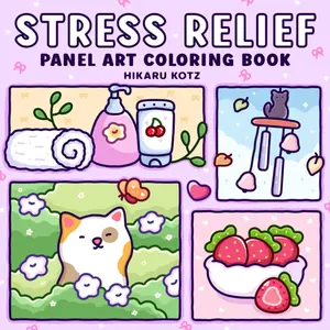 Hikaru Kotz Stress Relief Panel Art Coloring Book for Adults and Teens Featuring Adorable Cat and Strawberry Designs