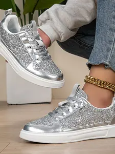 New Trendy Unisex Low-Top Casual Sneakers, Trainer, Sports Shoes, Silver Color Fashion Shoes for All Seasons, Round Toe Leather Design, Student & Couple Style