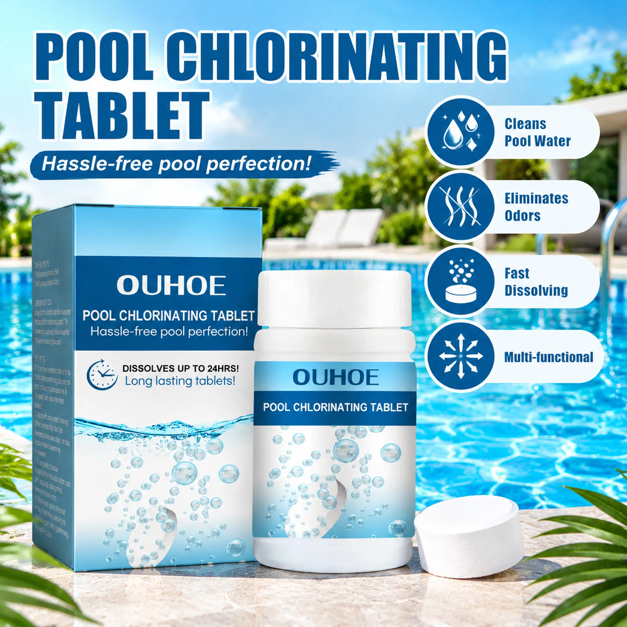 OUHOE Pool Maintenance Chlorine Tablets, Long Lasting Water Care Tablets for Swimming Pool, SPA Hot Tub Water Cleaning