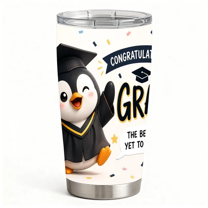 20oz Cute Graduation Penguin Stainless Steel Tumbler - Portable Vacuum Insulated Coffee Mug, Double Wall Animal Novelty Drinkware with Lid, Ideal for Iced Tea, Backpack-Compatible Graduation Gift