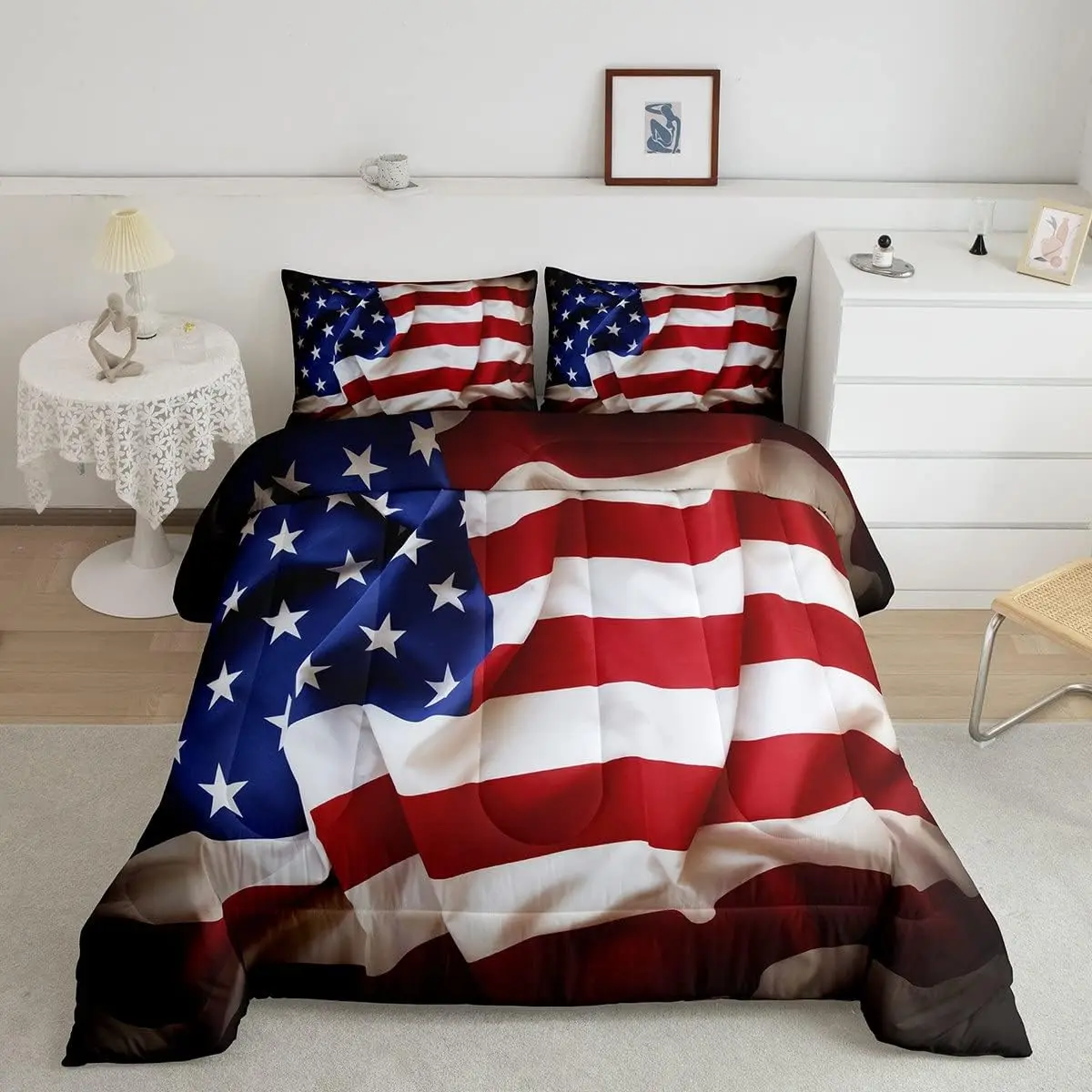 Feelyou Multi-Size Microfiber Comfy Bedding Set - American Flag Themed Quilted Lightweight Duvet Set, Blue-White-Red Geometric Stripes, Star-Patterned, Breathable, Cozy Aesthetic, Machine Washable