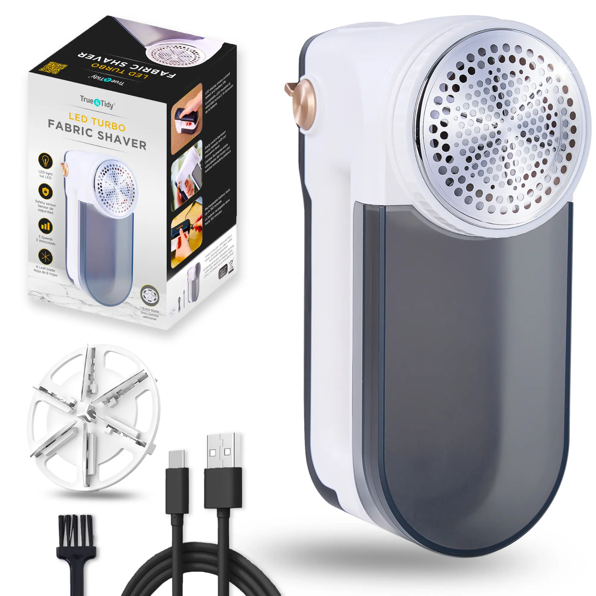 True & Tidy LED Turbo Fabric Shaver with 6 Precision Blades, 3 Speeds, Digital Display, and Built-in Light for Quick & Efficient Fabric Care