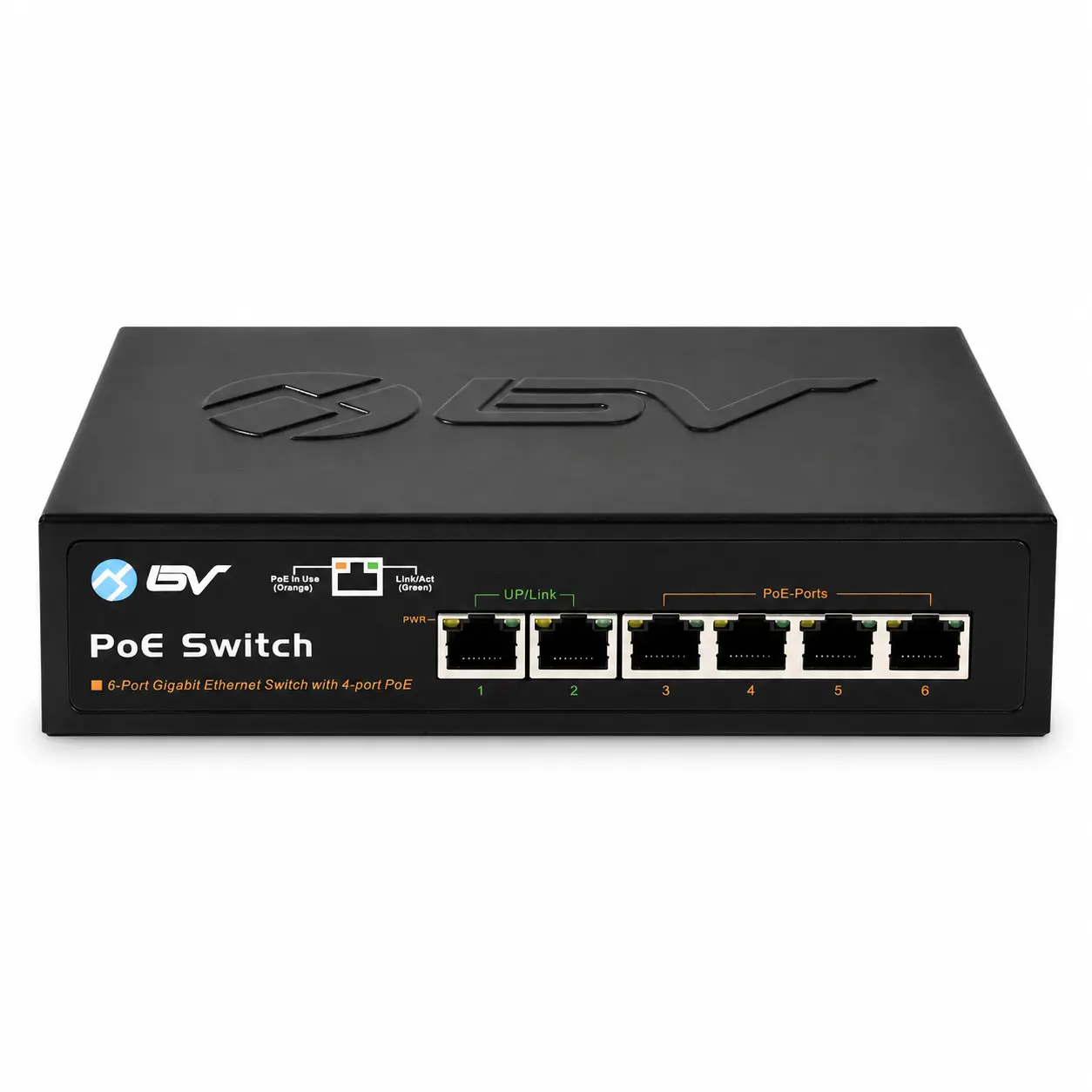 BV-Tech 6-Port PoE+ Switch (4 Gigabit PoE+ Ports, 2 Gigabit Uplink), 60W | Unmanaged Plug & Play, Fanless Metal Desktop Design