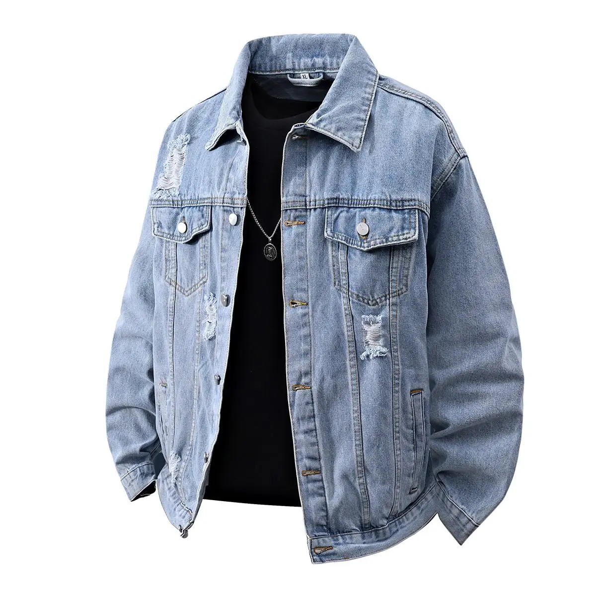 Men's American Casual Ripped Denim Jacket, Loose-Fit Cotton Blend Trucker Top with Pockets for Casual Wear, Clothes, Tops, Fabric, Decoration, Menswear