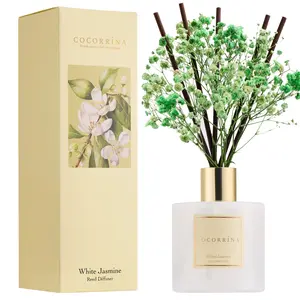 COCORRÍNA Reed Diffuser - White Jasmine 6.7 Fl.oz Reed Diffuser Set with Sticks & Preserved Baby's Breath, Reed Diffuser for Home Bathroom Shelf Decor