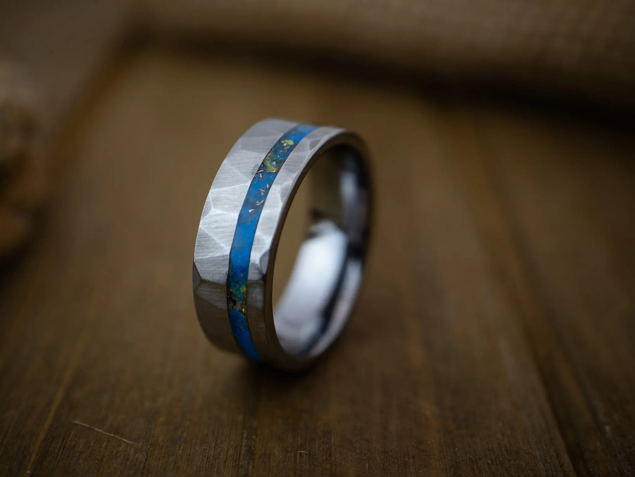 The Hammer, Tungsten Hammered Glow Ring, Blue Tungsten Carbide Engagement, Anniversary Gift, Wedding Band for Men & Women, Glow In The Dark