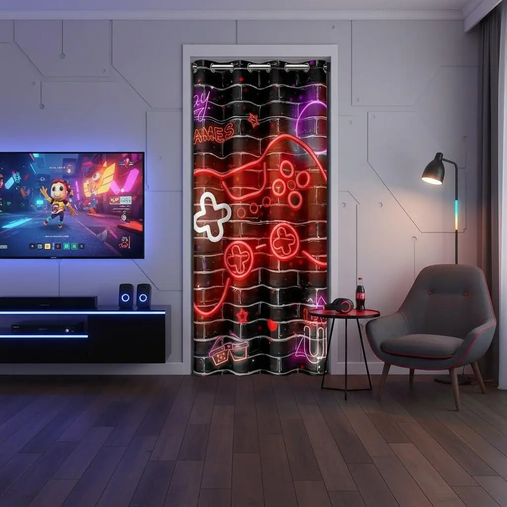 Neon Red Gamepad Door Curtain Privacy Game Lover Retro Brick Wall Print Room Darkening Blackout Curtain 1 Panel,Neon Colorful Game Graffiti Room Divider Blackout Curtain