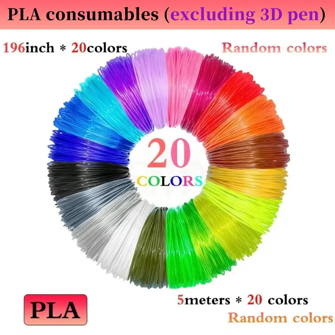 1.75mm Diameter PLA 3D Printing Filament Consumables, 20 Colors Bulk Pack (Random Assortment), 196in Length Per Color, Excludes 3D Pen, for DIY Crafts & DIY Painting, Ideal for Christmas/Birthday Gifts