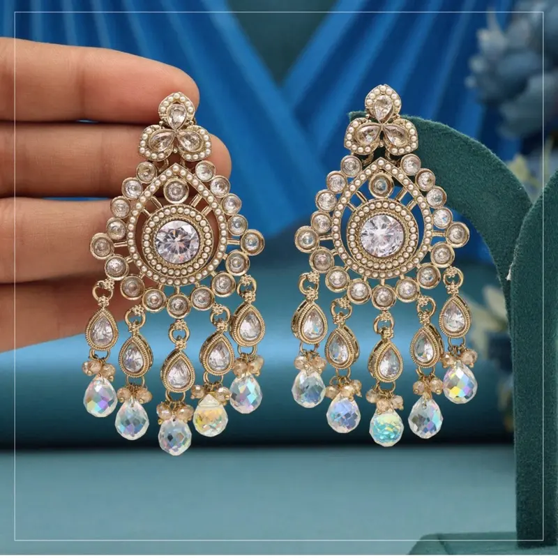 Gold Plated Translucent Earrings with Decorative Design and Sparkling Accents