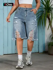 Women's New Denim Mid-Thigh Fitted Pants, Trendy Fashion Ripped Design, Washed Fuzzy Hem, Casual Street Style, Button Fly Closure, Shorts, Womenswear