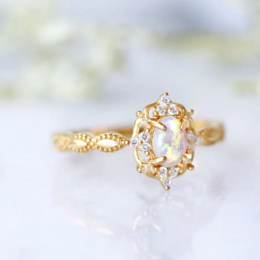 Vintage Style Natural Opal Wedding Ring Set 925 Sterling Silver Rhodium plated